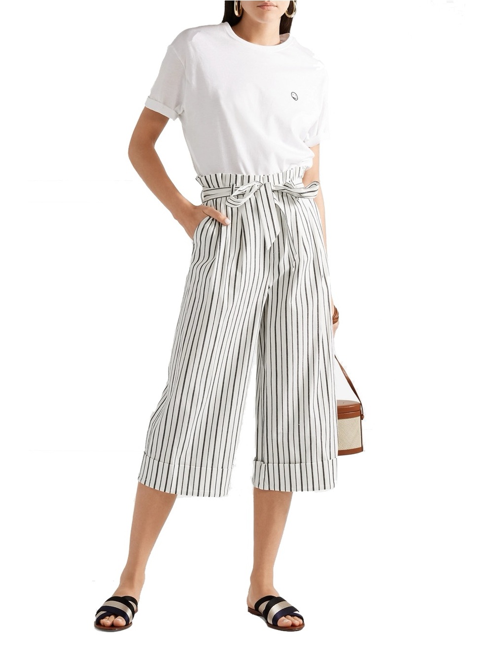 Alice + Olivia White Culotte Capri Paperbag Waist Striped Pants Sz 4